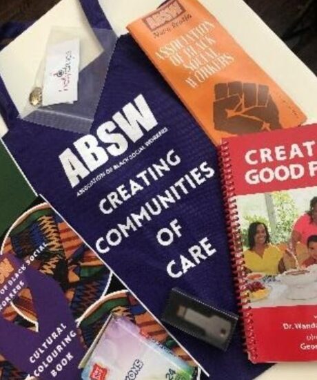 Closeup shot of items made available in the ABSW care packages. Contains African-Nova Scotian themed items and educational materials and more generically useful goods. 